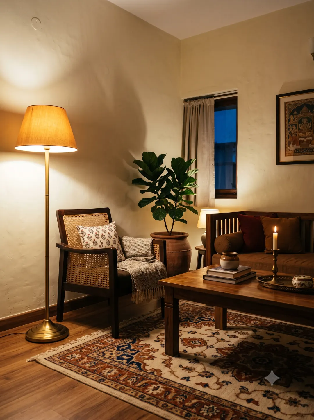 The same room finished, warm under lamplight in the evening